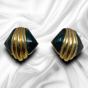 Vintage 80s Diamond Fan Shaped Gold Tone Enamel Earrings Clip On Runway Couture